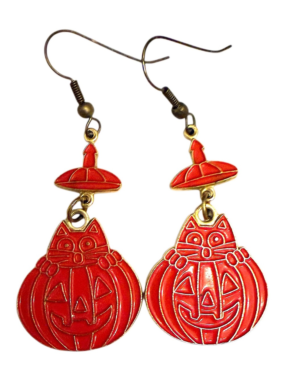 Vintage Halloween Jack o Lantern Cat dangle Earrings